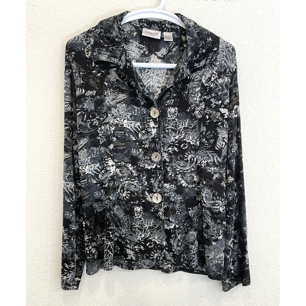 Chico's Travelers Top 1 Shirt Long Sleeve Black Print No Iron Slinky Medium 8